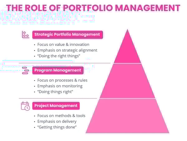 Hierarchy pyramid of strategic portfolio management versus project management
