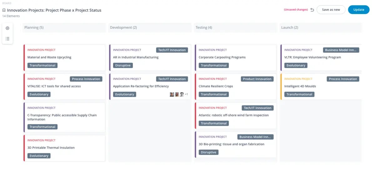 Kanban Board in ITONICS software with projects arranged by phase in the workflow