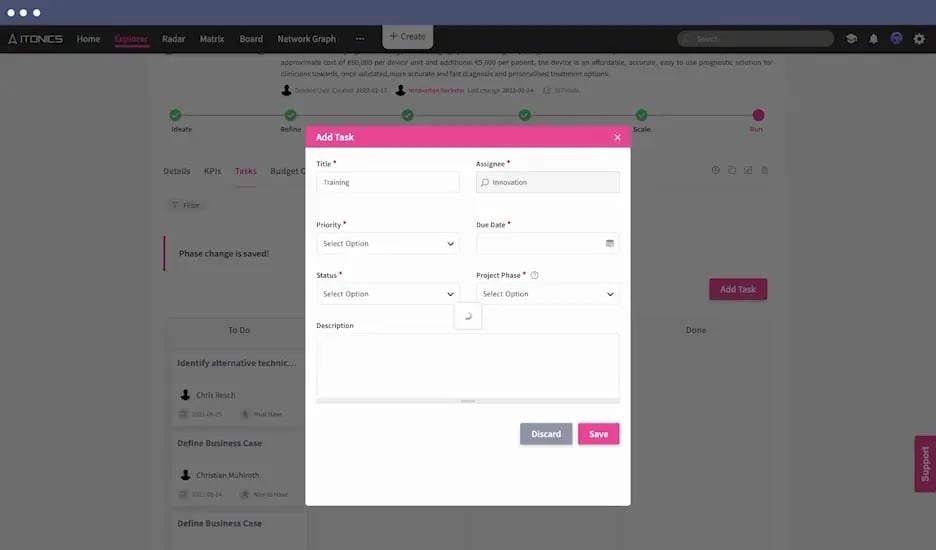 Create task in ITONICS Portfolio
